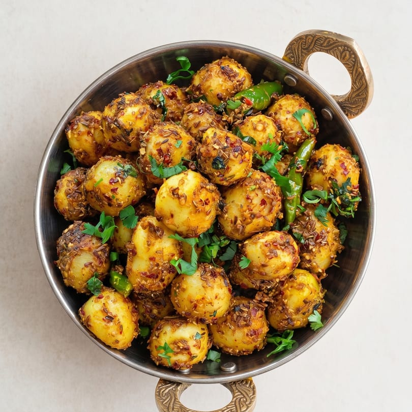 Spicy Indian potato dish, Dum Aloo, with green chilies and cilantro in a metal bowl.