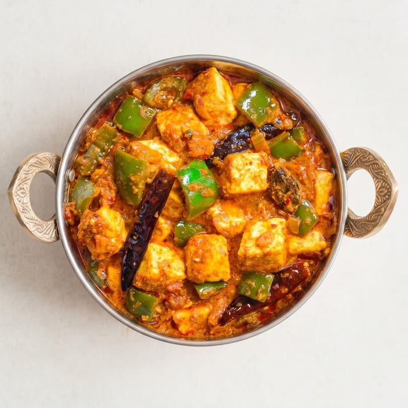 Overhead view of a metal bowl filled with paneer curry, green bell peppers, and dried chilies.